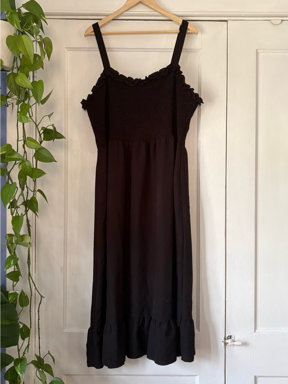 SHEIN Black Smocked Ruffle Midi Dress